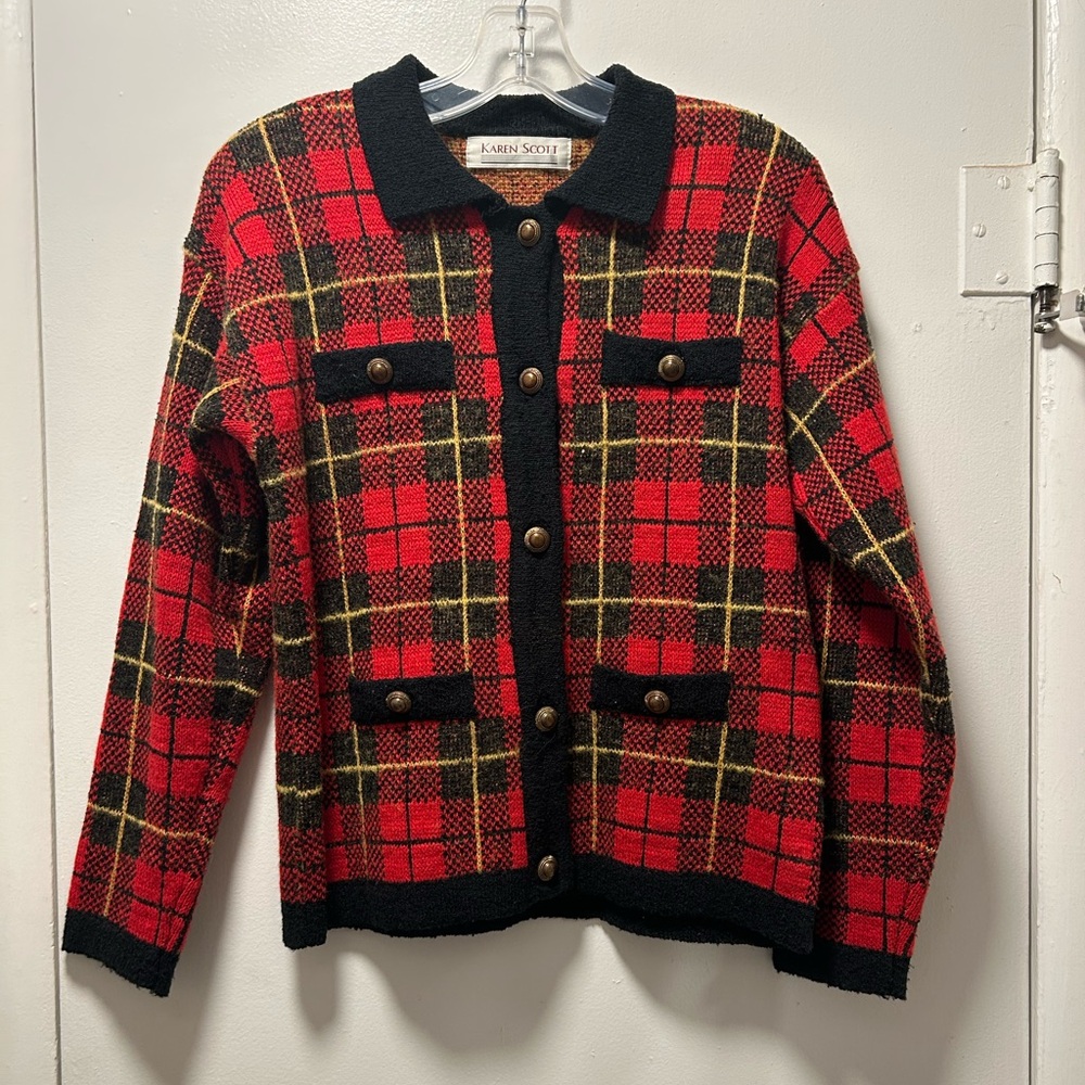 Vintage 1990s Karen Scott Knit Button-Up Cardigan Plaid Black Red Wool Blend